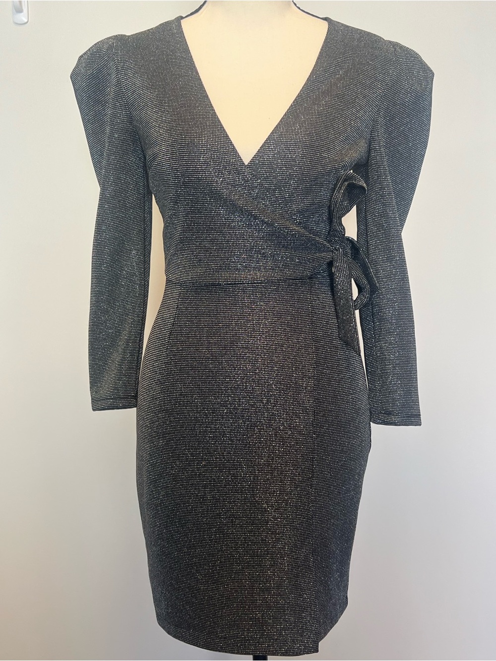 Dynamite Metallic Black Wrap Midi Dress